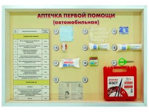 Стенд "Аптечка первой помощи (автомобильная)" (образцы под оргстеклом) - fgospostavki.ru - Махачкала